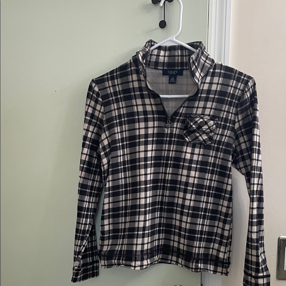 Chaps Black and White Checkered Half-Zip Top
